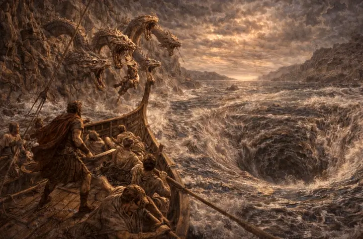 Odysseus’un gemisiyle Skylla ve Kharybdis arasındaki ölümcül boğazdan geçişini betimleyen mitolojik sahne; kayalıklardaki çok başlı canavar, denizi yutan girdap ve panik içindeki mürettebat görülüyor.